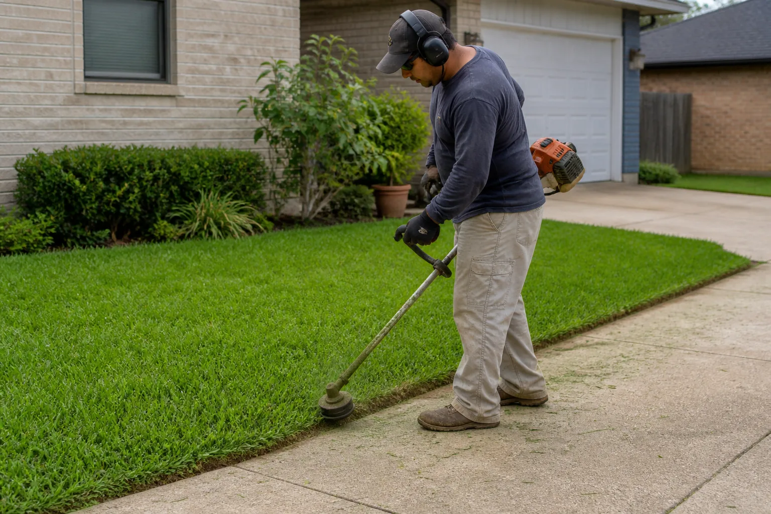 Illustrative photo of a lawn-care worker edging a residential driveway in Corpus Christi.