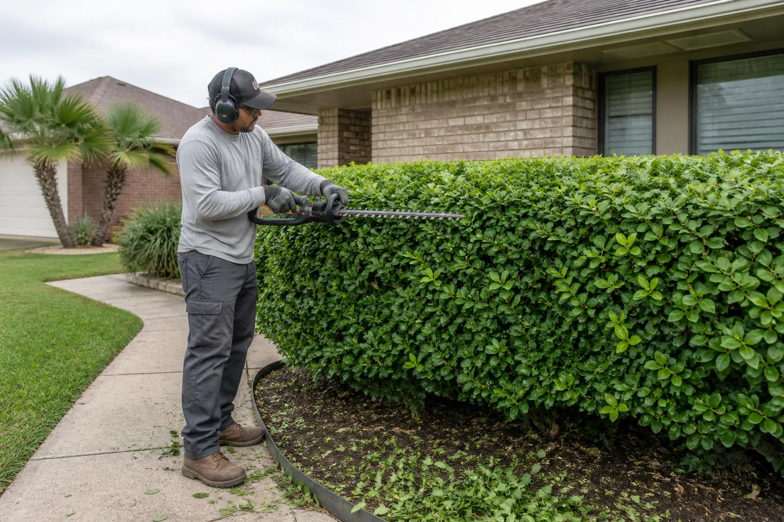 Illustrative photo of a lawn-care worker trimming a residential hedge in Corpus Christi.