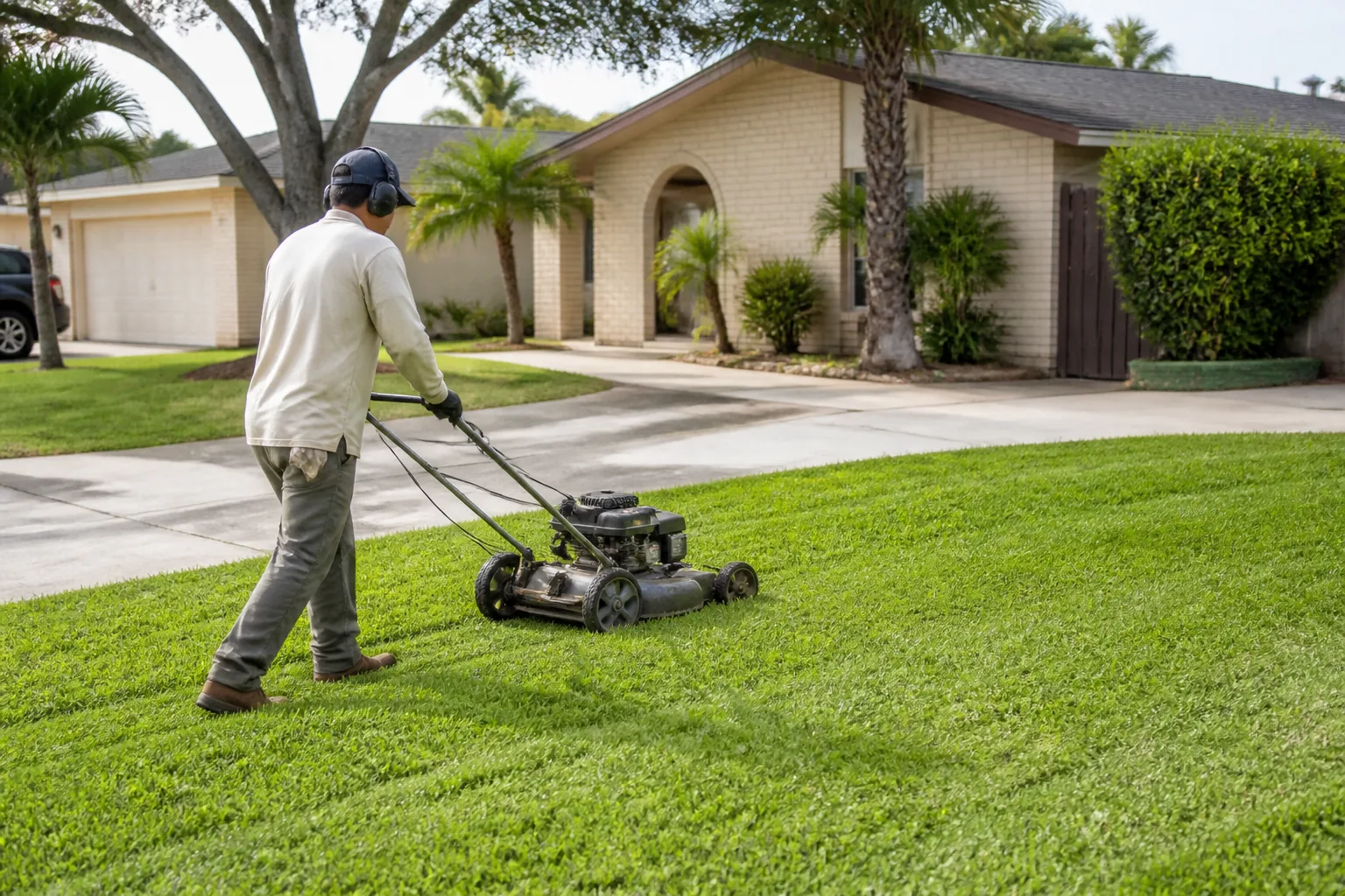 Illustrative photo of a lawn-care worker mowing a residential lawn in Corpus Christi.